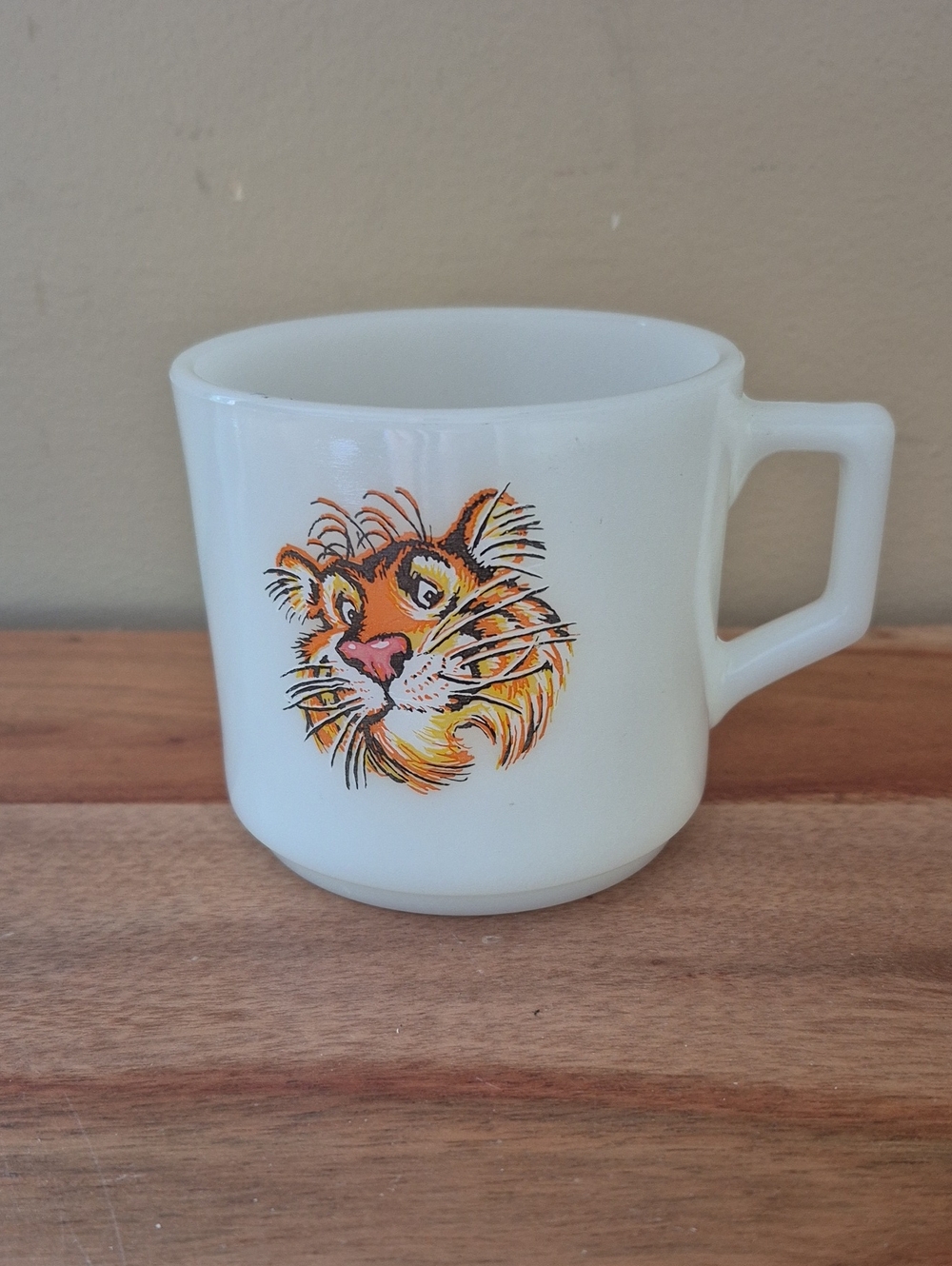 Child's Fire King Milk Glass Mug with Orange Tiger Face Design